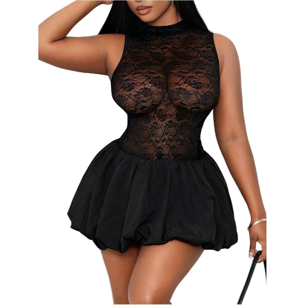 Women's Lace Bubble Mini Dress Sleeveless Sheer Party Club Dress
